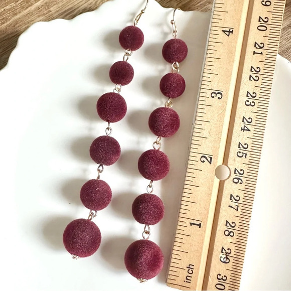 2/$30🌵 Burgundy Velvet Tiered Ball Earrings Drop Dangle Long Sphere Gift NEW - Picture 8 of 10